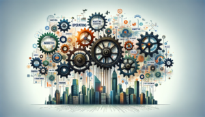 concept of transforming a business into a well-oiled machine, is displayed above. It features an abstract representation of a machine with cogs and gears, labeled with key business elements, set against a dynamic city skyline. The elements in the image convey precision, efficiency, and interconnectedness, with a color palette that emphasizes innovation and vibrancy.