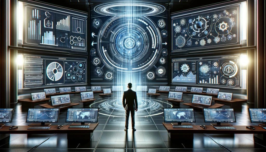 An image depicting the concept of maximizing efficiency through business systematization, is now available. It showcases a futuristic control room with screens and panels displaying various business processes, and a central figure orchestrating these elements, set in a sleek, professional, and high-tech environment.