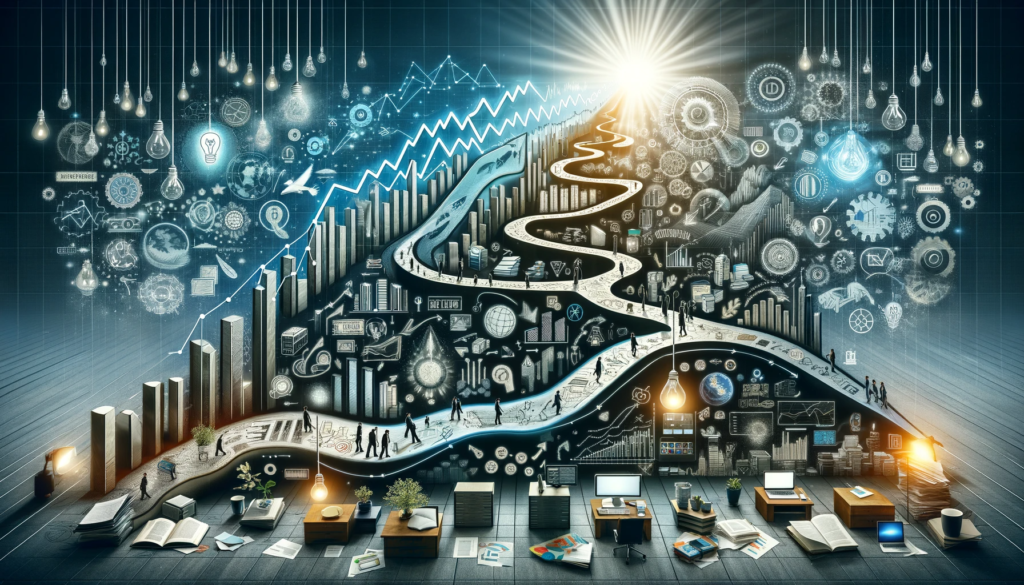 An image representing the journey of systematizing a business for exponential growth, is now available. It visualizes a pathway from a chaotic office environment to a streamlined, high-tech business operation, showcasing stages of transformation and symbolic elements of growth and innovation. The image evokes a sense of progress, clarity, and the transformative power of systematization in the business world.