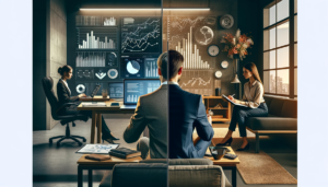 A split image showcasing two contrasting professional environments: on one side, a business consultant in a corporate setting with charts and data analysis; on the other, a business coach in a more casual, mentoring session with an individual.