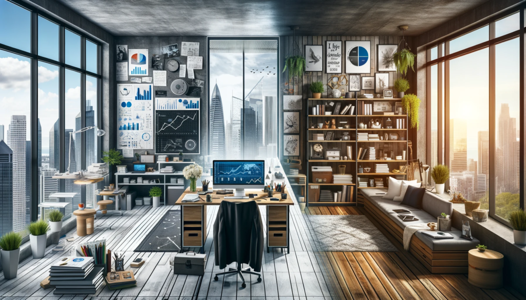 A split-composition image: a detailed, analytical business consultant's workspace on one half, and a motivational, inspiring setting for a business coach on the other, each side reflecting the unique value they bring to businesses.