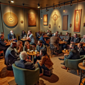 An entrepreneur networking group meeting in Denver, with participants engaged in deep conversation in a cozy coffee shop setting, reflecting a focus on faith, purpose, and business, with subtle religious symbols in the decor.