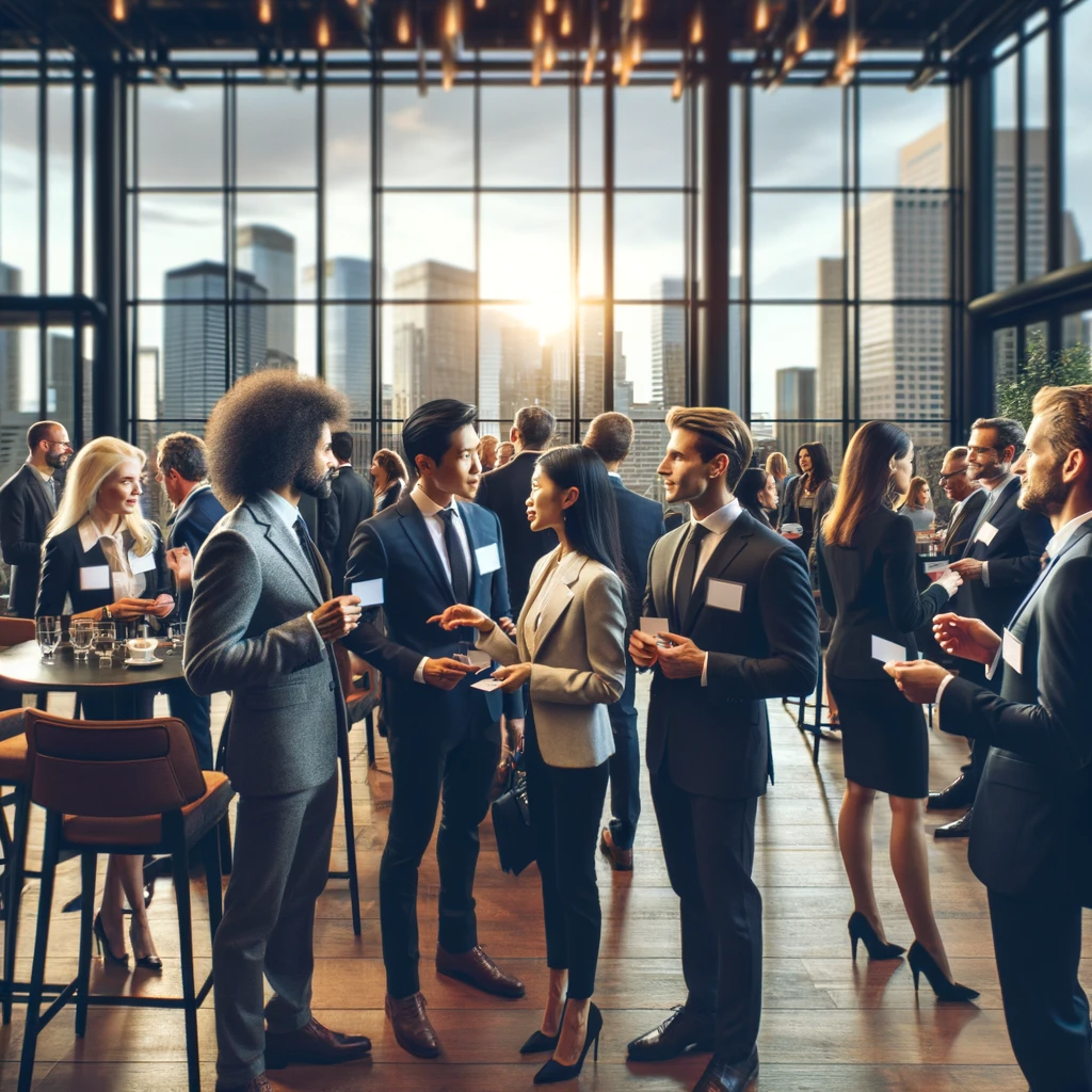 An elegant business networking event in a modern Denver venue, with entrepreneurs exchanging business cards and engaging in conversations, featuring a backdrop of the Denver city skyline.