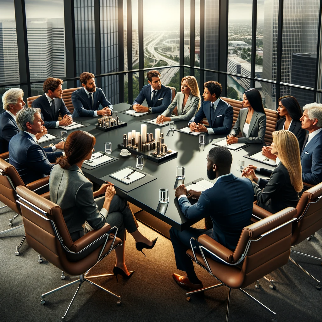 A high-level executive networking meeting in Denver, with C-level professionals gathered around a sleek conference table in an upscale office setting, engaging in strategic discussions, with a view of downtown Denver through the windows.