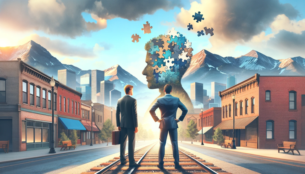 An image visually interpreting the concept of empowerment coaching, is now available. It juxtaposes a coach and a client in a Denver setting with the Rocky Mountains in the background and incorporates symbolic elements like puzzle pieces and a path. The coach is depicted in a guiding stance, while the client appears contemplative and empowered, creating an uplifting and professional atmosphere.