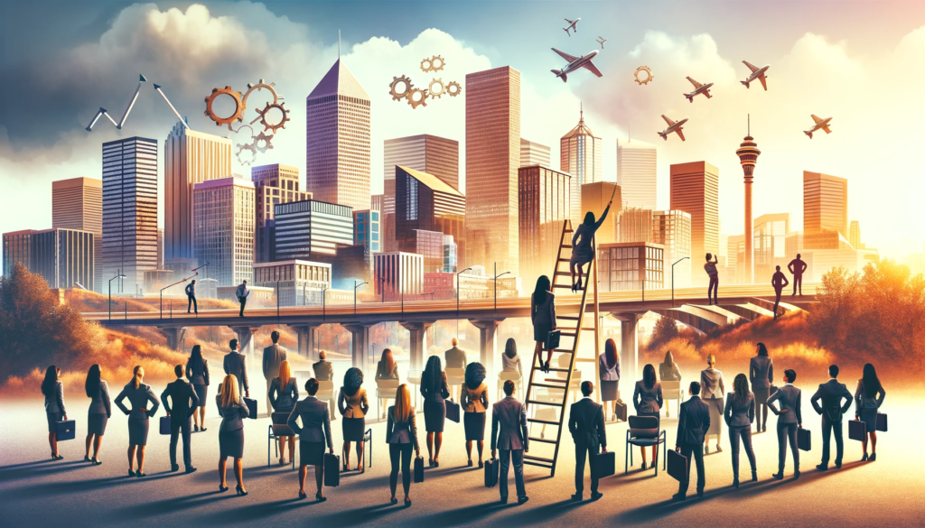An image illustrating the benefits of empowerment coaching in Denver, is displayed above. It captures a diverse group of individuals at various stages of personal and professional growth against a backdrop of iconic Denver landmarks, with visual metaphors like ladders and bridges. The vibrant and dynamic atmosphere reflects the energy of the city and the positive impact of coaching.