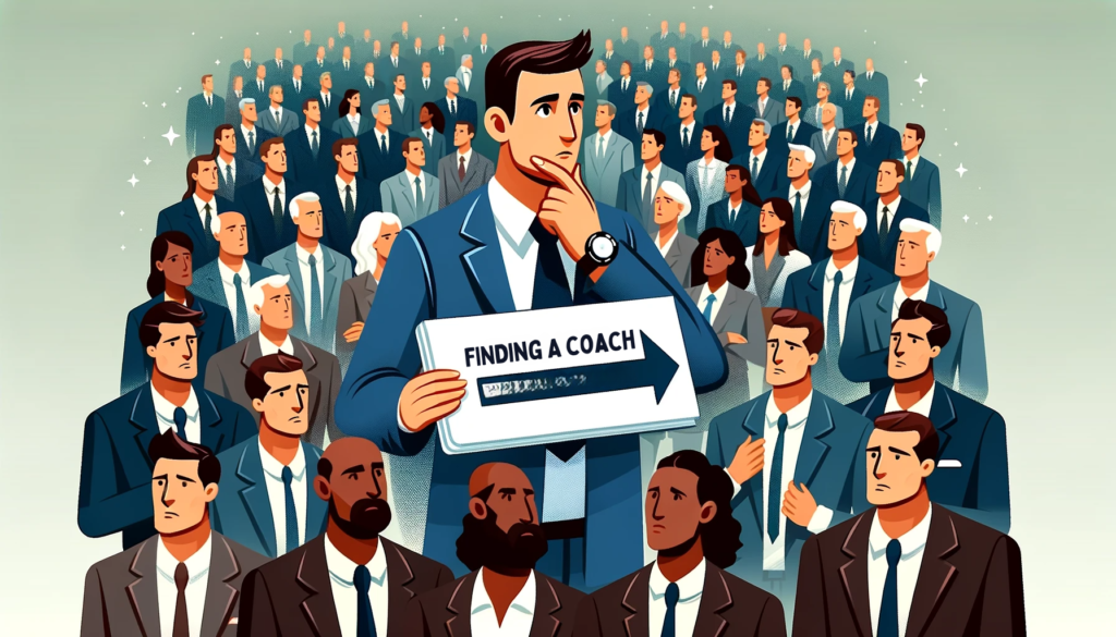 A vector image that illustrates an entrepreneur amidst a sea of diverse business coaches, each offering a different style. The entrepreneur is depicted with a thoughtful expression, symbolizing the quest to find a legit business coach among the many options available.