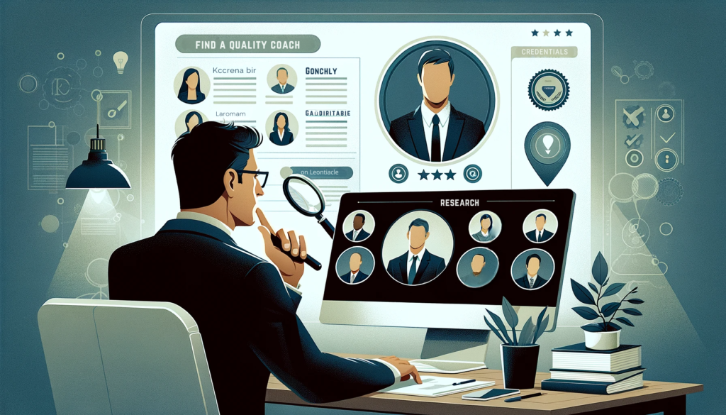 A vector image that portrays an entrepreneur conducting research on a computer, with virtual profiles of different coaches appearing on the screen. The background subtly includes elements like credentials, testimonials, and industry-specific details, highlighting the research process in finding a qualified business coach.