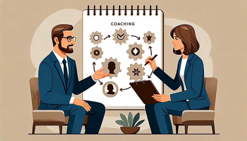 A vector image that depicts an entrepreneur and a business coach in a meeting, engaged in a discussion over a notepad with different coaching methodologies outlined. The scene effectively captures the essence of assessing coaching styles and ensuring a good fit between coach and client.
