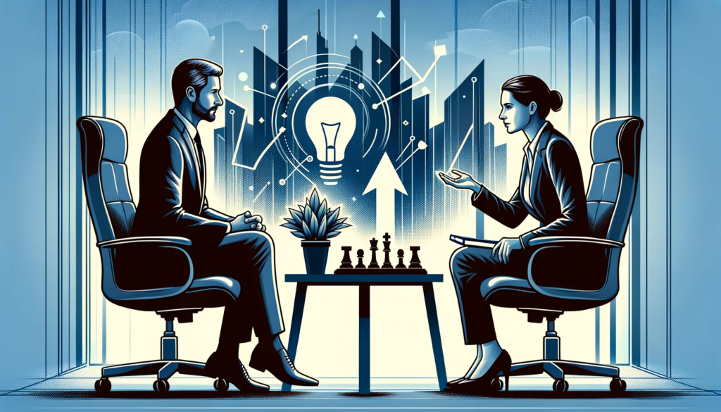 A vector image, visually embodying the essence of executive business coaching, is now available. It depicts a professional coaching session between a business coach and an executive in a modern corporate setting, incorporating symbols of growth and leadership development like a chessboard and a light bulb. The color scheme is professional, conveying an atmosphere of transformation and empowerment.