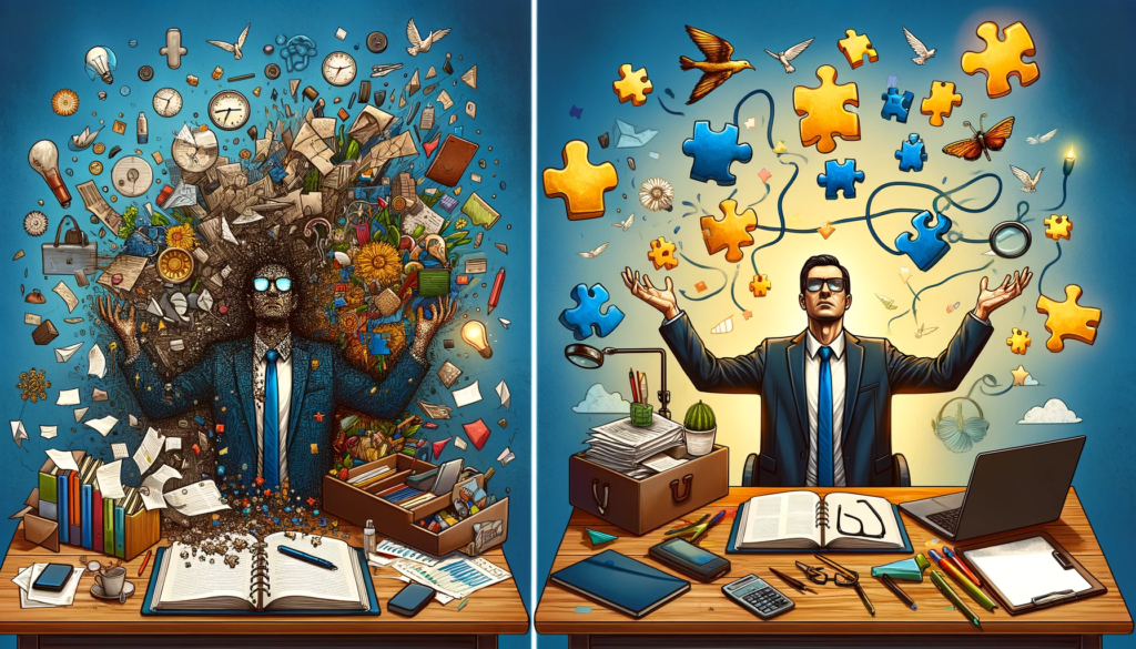 An image showcasing the transformational impact of executive business coaching on leaders, is now available. It illustrates a before-and-after scenario, depicting a leader's journey from being overwhelmed to becoming confident and organized. The image includes visual metaphors like puzzle pieces and pathways, symbolizing the coach's role in guiding this transformation. The overall feel of the image is uplifting, conveying a sense of achievement and professional growth.