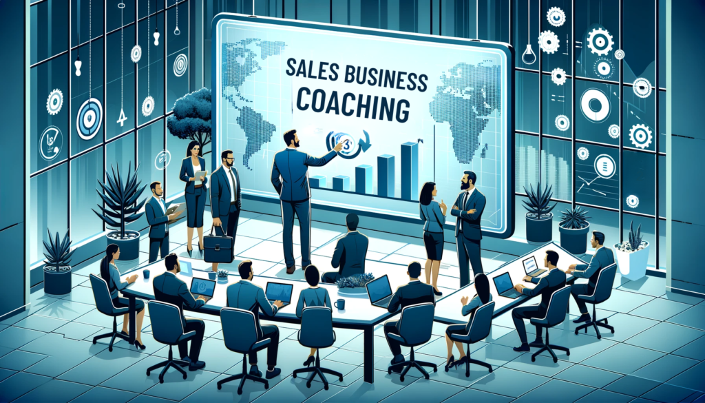 A vector that depicts a modern, bustling office space with entrepreneurs gathered around a digital whiteboard, where an experienced sales coach is illustrating the concept of sales business coaching. The environment in the image captures the blend of enthusiasm and focus, with digital graphs and sales strategies displayed in the background.