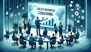 A vector that depicts a modern, bustling office space with entrepreneurs gathered around a digital whiteboard, where an experienced sales coach is illustrating the concept of sales business coaching. The environment in the image captures the blend of enthusiasm and focus, with digital graphs and sales strategies displayed in the background.