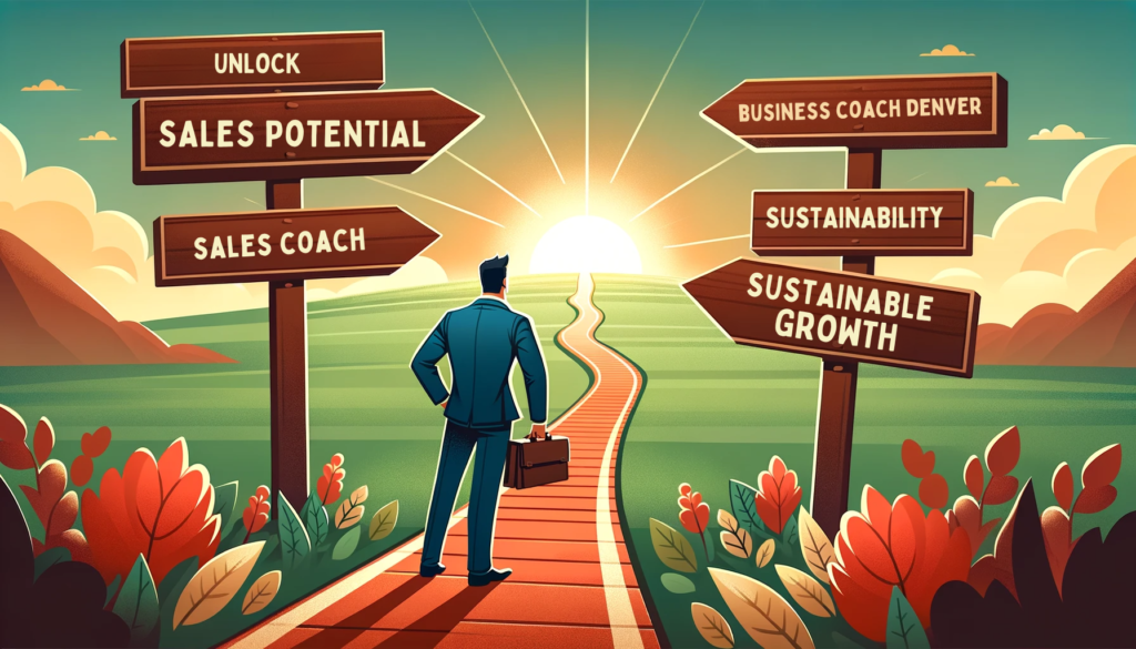 A vector image that captures the concept of a confident entrepreneur on a path towards success and growth. The pathway in the image is lined with signposts featuring key phrases like 'Unlock Full Sales Potential' and 'Sustainable Growth,' leading towards a sign that reads 'Business Coach Denver' at the horizon, representing the call to action.
