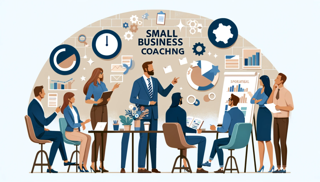 A vector image, capturing the essence of small business coaching, is now available. It showcases an experienced coach and a diverse group of small business owners in a collaborative setting. The scene combines elements of strategic planning, such as charts and business plans, with personal interaction, highlighting the personalized approach of small business coaching. The atmosphere is professional yet approachable, emphasizing the supportive and guiding role of the coach.