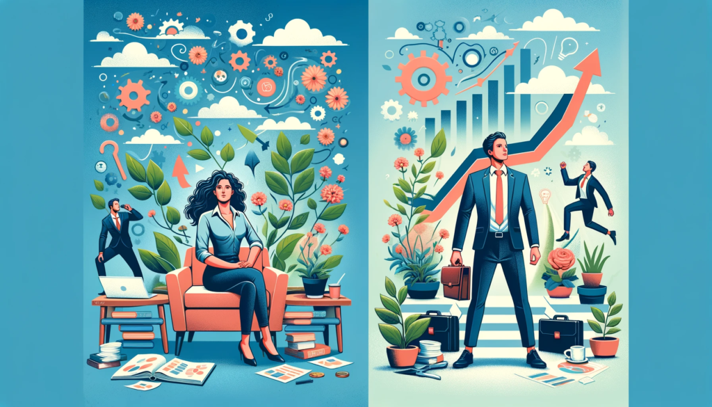 A vector image, illustrating the transformational journey of a small business owner through coaching, is now available. It depicts a before-and-after scenario, showcasing the owner's transition from uncertainty amidst business challenges to confidence and control with a thriving business. Visual metaphors like growing plants or a rising graph are included, symbolizing business growth and success achieved through coaching. The imagery conveys optimism and the empowering impact of coaching, highlighting the positive transformation in the business owner's journey.
