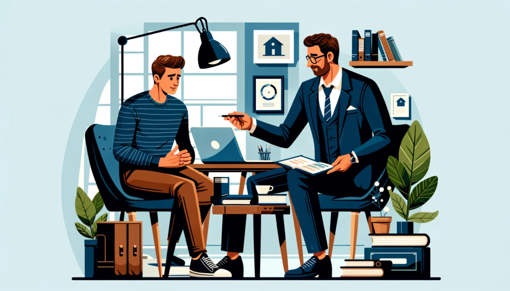 A vector image portraying a small business coach in action working one-on-one with a business owner, is now available. The setting is a cozy yet professional office, complete with elements like a laptop, notepad, and business books. The coach appears engaged and attentive, offering advice, while the business owner looks motivated, absorbing insights. The image emphasizes the personal, tailored nature of small business coaching, reflecting a close, collaborative working relationship in a professional environment.
