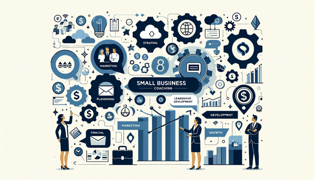 A vector image showcasing the diverse aspects of small business coaching, is now available. It visualizes different areas like marketing strategy, financial planning, and leadership development, with a coach and business owner examining these elements together. The image includes icons and subtle imagery to represent different coaching areas, arranged in a harmonious and interconnected layout. The overall theme reflects comprehensive growth and development in small business coaching, highlighting the multifaceted approach and collaborative nature of the coaching process.