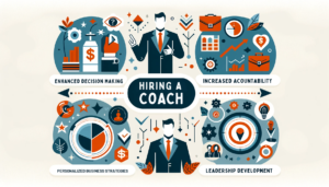 A vector image, representing the various benefits of hiring a business coach, is now available. It includes visual elements symbolizing enhanced decision-making, increased accountability, personalized business strategies, and leadership development, arranged in a visually appealing horizontal composition. The design is clean and modern, suitable for a business context.